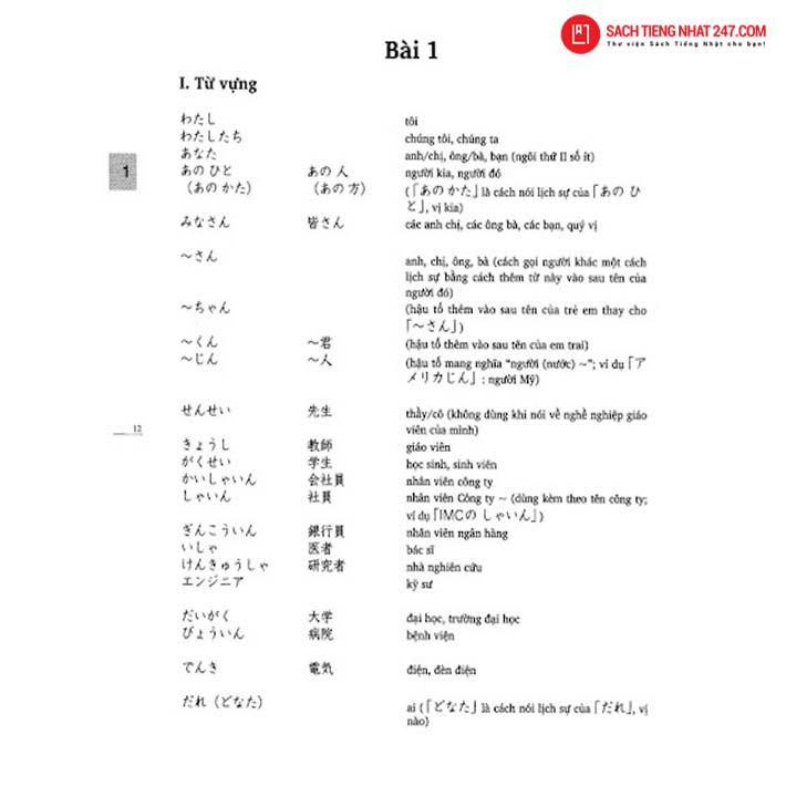 Hệ thống danh sách từ vựng theo bài trong Minna no Nihongo Sơ Cấp bản Tiếng Việt